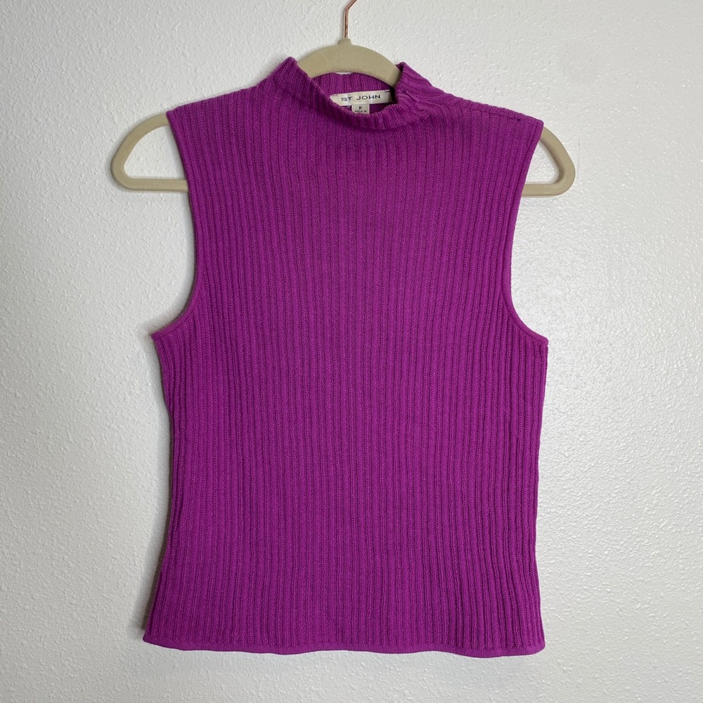 Vintage St John Collection Purple Knit Sleeveless Mock Neck Top‎ Petite Women